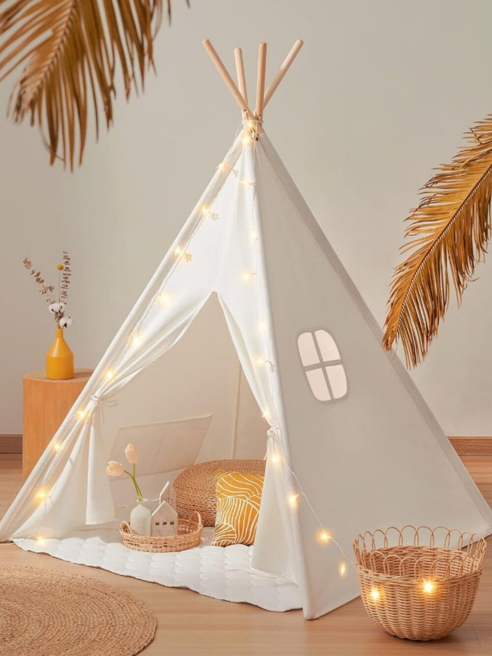 Cozy 100% Cotton Kids Teepee Tent with Mat & Star Lights - Fun Playroom Decor